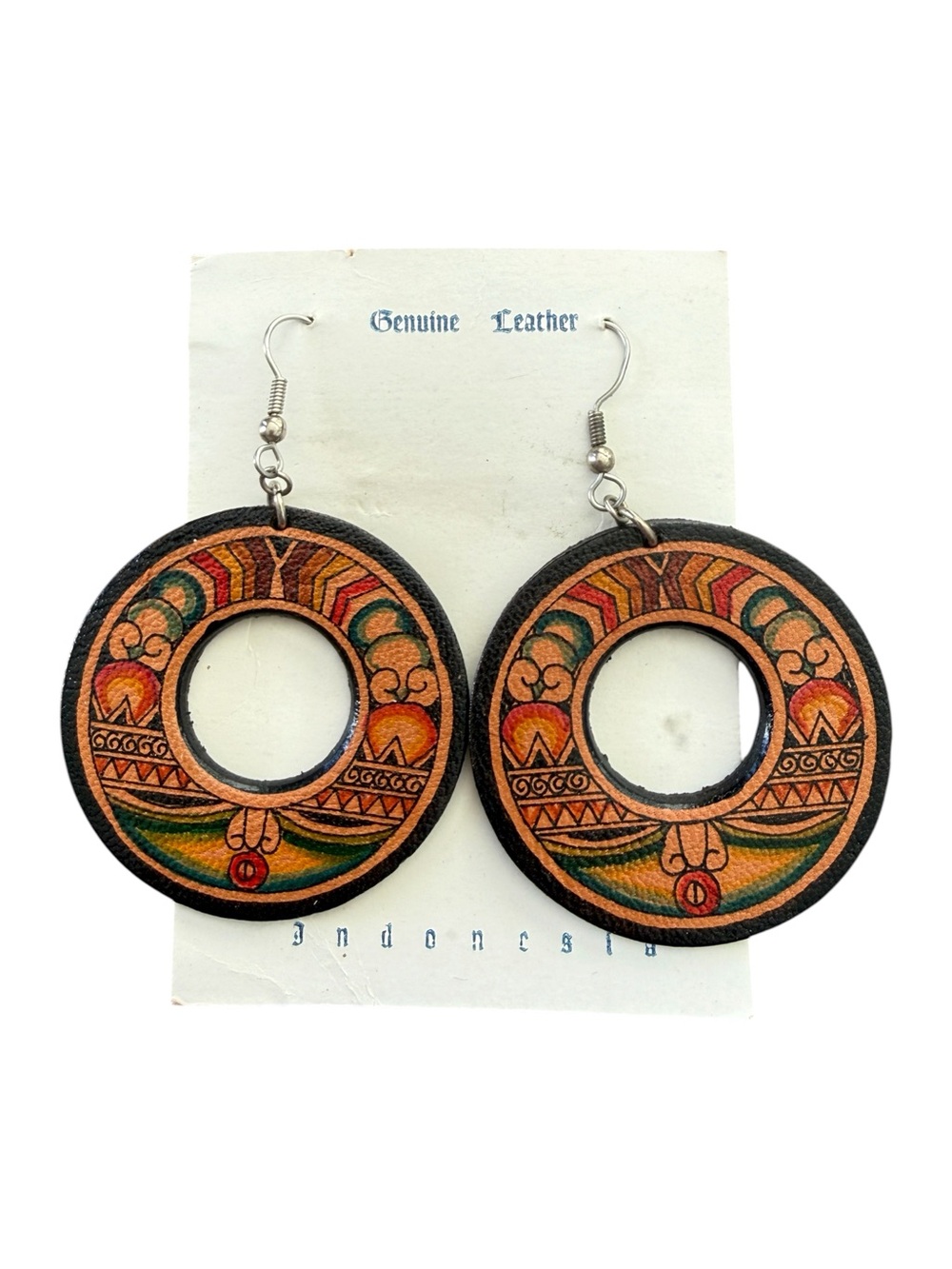 Vintage 1990s Indonesian Genuine Leather Statement Earrings Boho Folk Art NEW